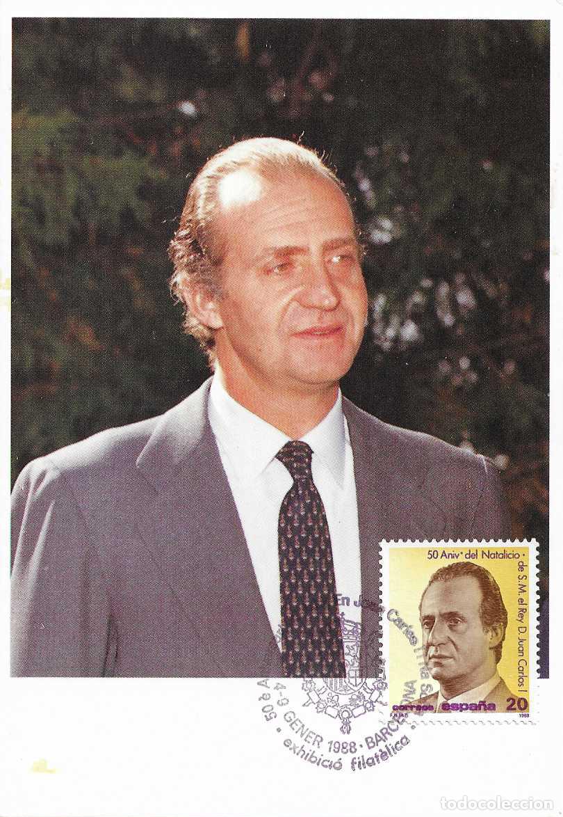 Stamps: 50 ANIVERSARIO SSMM DON JUAN CARLOS Y DO&Ntilde;A SOFIA, BARCELONA 1988 RARO MATASELLOS EN TARJETA MODELO 5