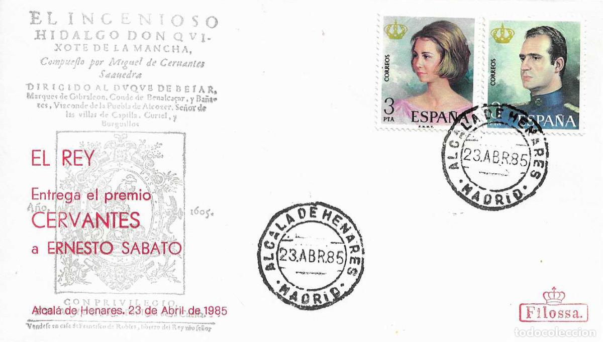 Francobolli: SM EL REY ENTREGA PREMIO CERVANTES A ERNESTO SABATO, ALCALA DE HENARES 23 ABRIL 1985 MATASELLOS RARO