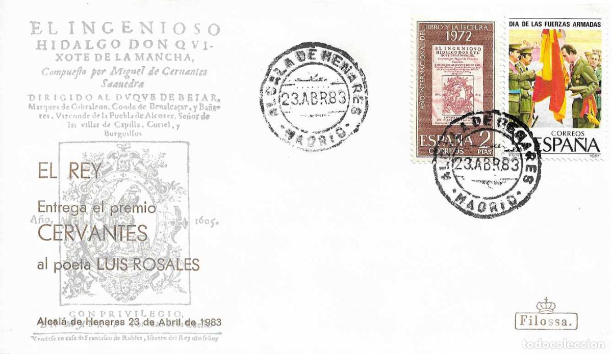 Briefmarken: SM EL REY ENTREGA PREMIO CERVANTES A POETA LUIS ROSALES, ALCALA DE HENARES 23 ABRIL 1983 MATASELLOS