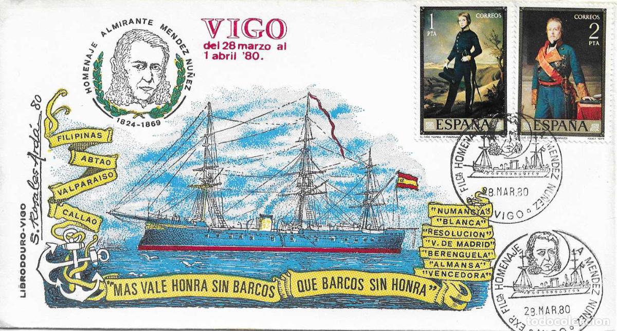 Selos: FRAGATA NUMANCIA Y MENDEZ NU&Ntilde;EZ HOMENAJE VIGO (PONTEVEDRA) 28 MARZO 1980 MATASELLOS SOBRE LIBRODOURO