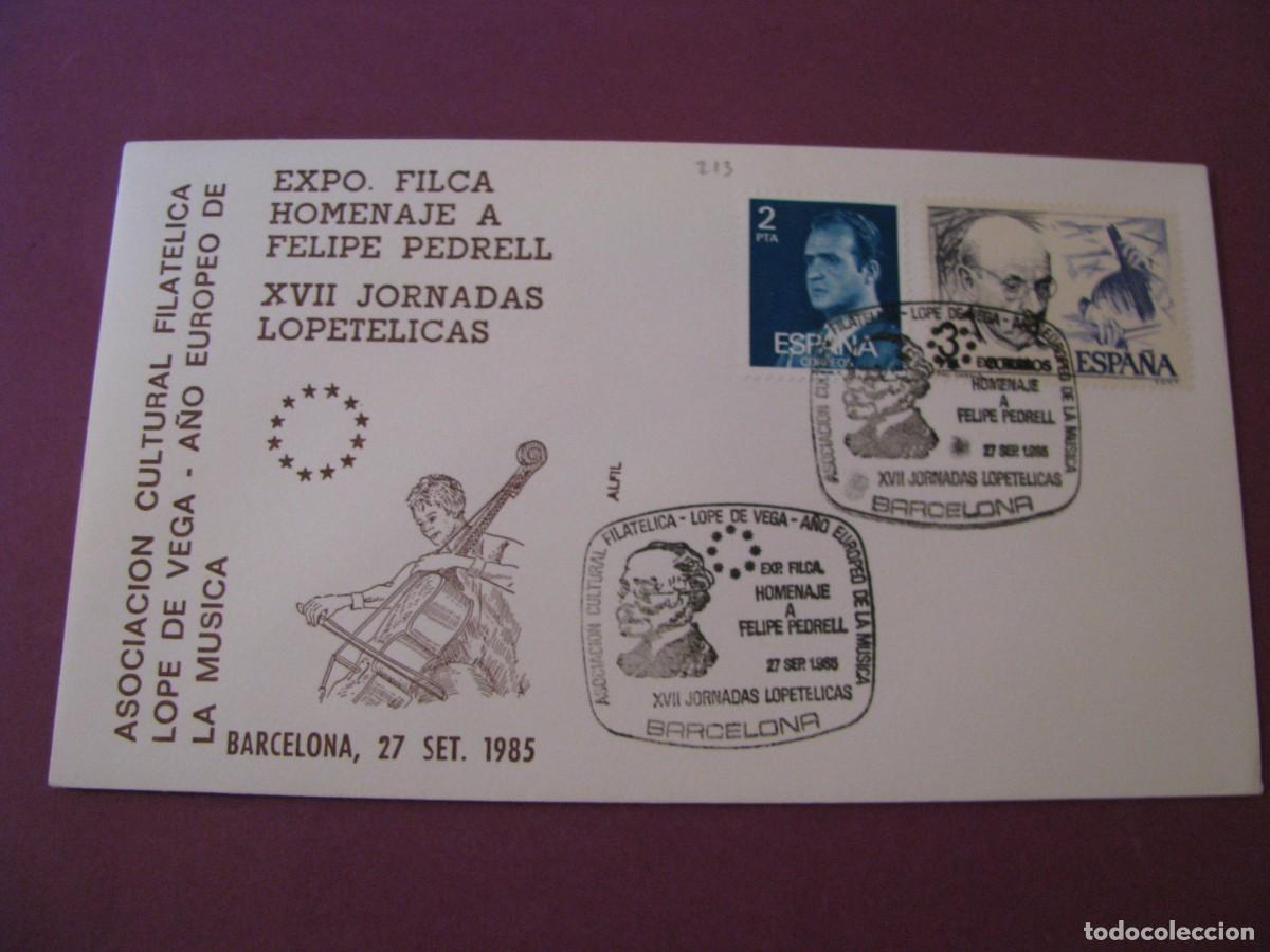Briefmarken: SOBRE CONMEMORATIVO XVII JORNADAS LOPETELICAS BARCELONA 1985 - HOMENAJE FELIPE PEDRELL