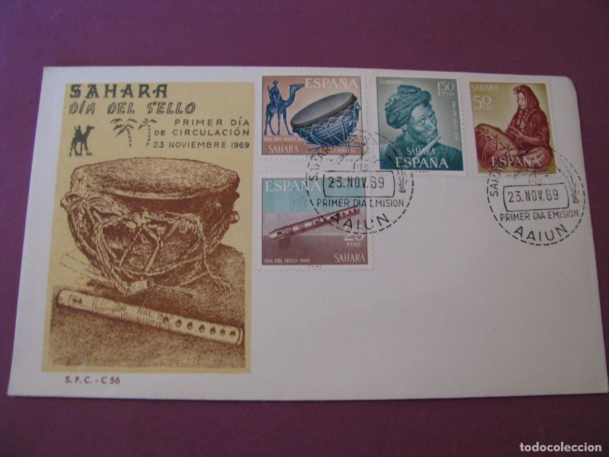 Briefmarken: SOBRE PRIMER DIA SAHARA ESPA&Ntilde;OL 1969 - DIA DEL SELLO SERIE COMPLETA MATASELLOS EL AAI&Uacute;N