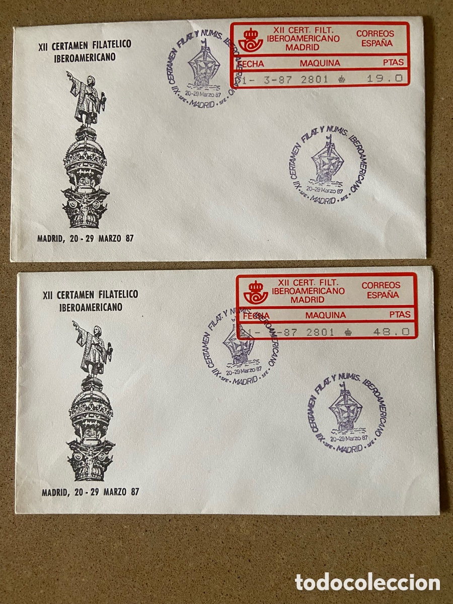 Selos: JUEGO 2 ETIQUETAS POSTALES MAQUINA EXPENDEDORA EPELSA 2801. COLON. DESCUBRIMIENTO 1987