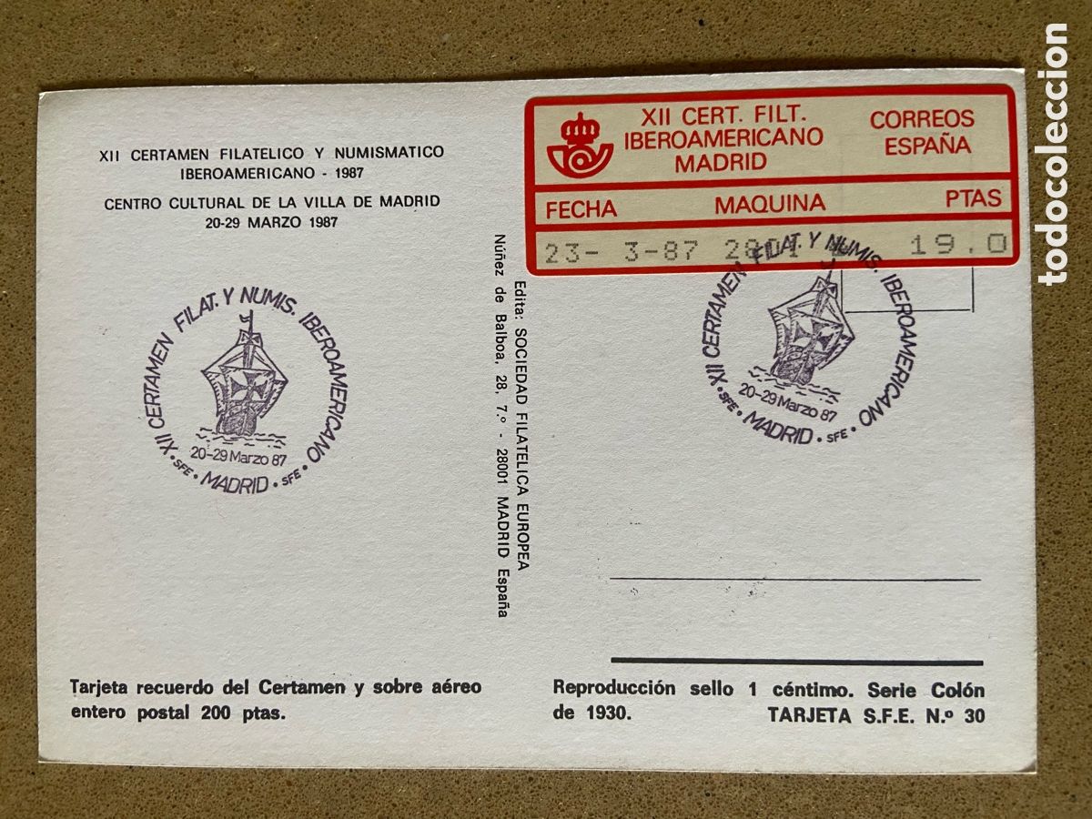 Selos: TARJETA MAXIMA CON ETIQUETA POSTAL MAQUINA EXPENDEDORA EPELSA 2801. COLON. DESCUBRIMIENTO 1987.