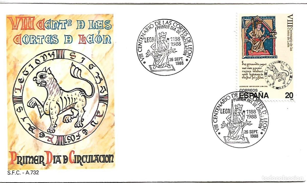 Sellos: SOBRE CON MATASELLOS PRIMER D&Iacute;A CIRCULACI&Oacute;N VIII CENT&ordm; CORTES LEONESAS. LE&Oacute;N, 26/09/1988