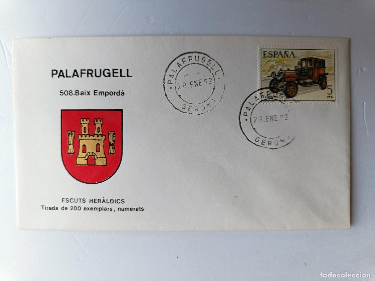 Sellos: MATASELLOS EN SOBRE ILUSTRADO CON ESCUDO DE LA POBLACI&Oacute;N DE PALAFRUGELL - BAIX EMPOR&Agrave; - GERONA