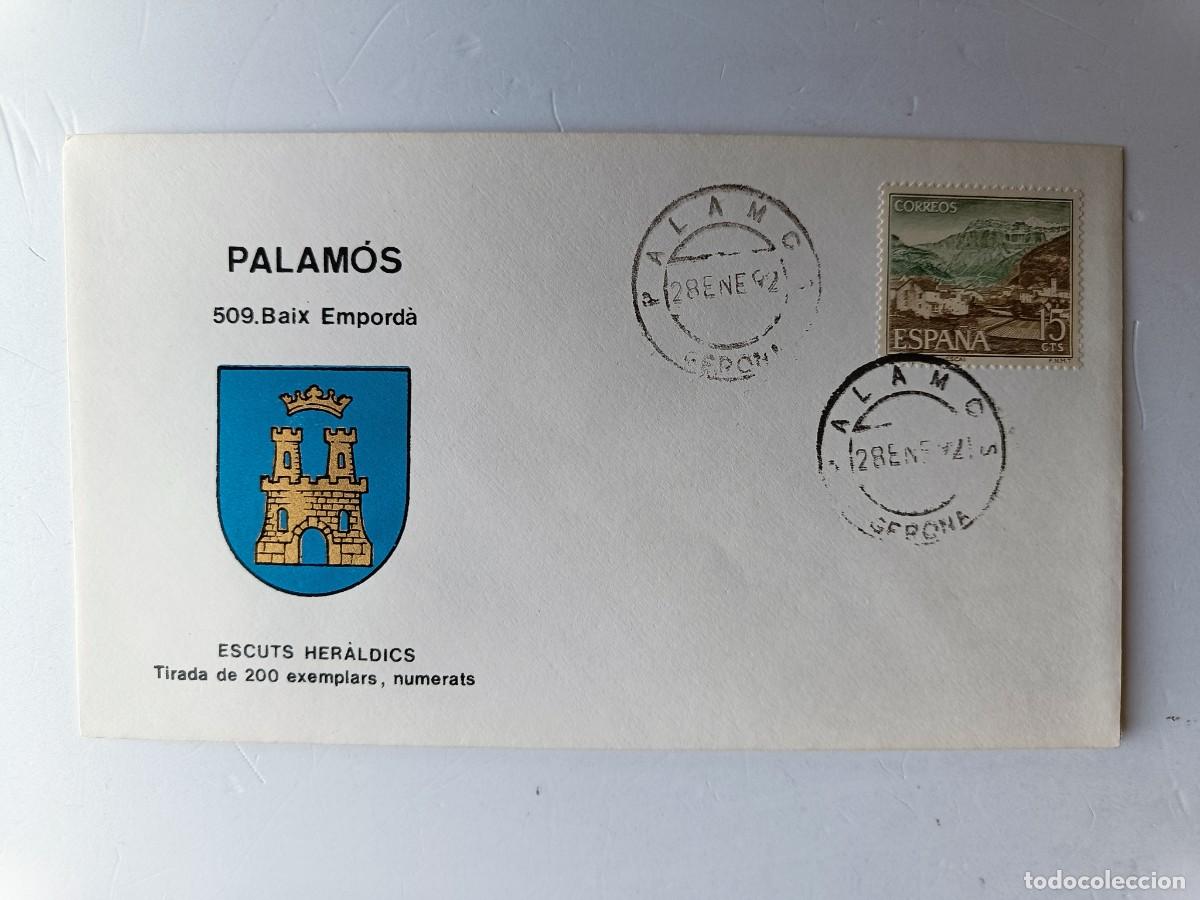 Sellos: MATASELLOS EN SOBRE ILUSTRADO CON ESCUDO DE LA POBLACI&Oacute;N DE PALAM&Oacute;S - BAIX EMPOR&Agrave; - GERONA