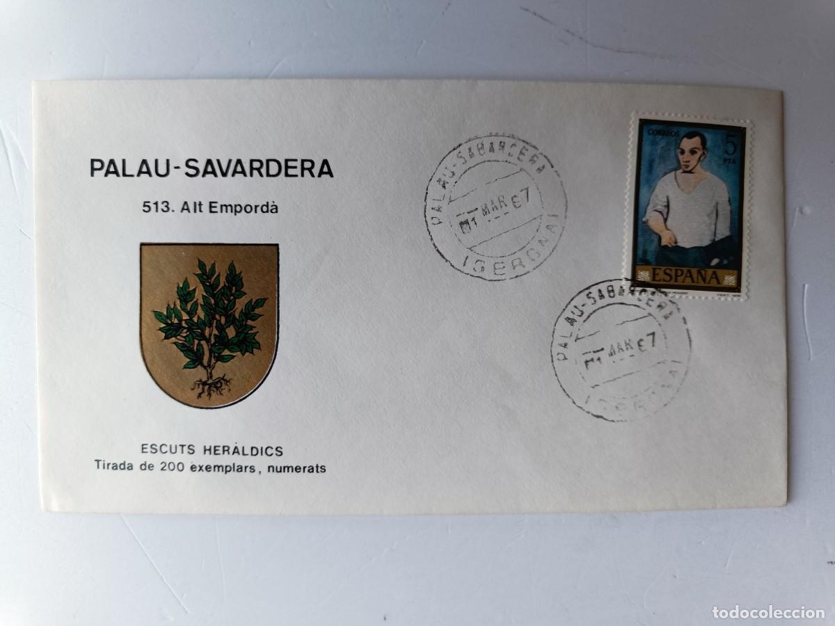 Sellos: MATASELLOS EN SOBRE ILUSTRADO CON ESCUDO DE LA POBLACI&Oacute;N DE PALAU - SAVARDERA - BAIX EMPORD&Agrave; - GIRON