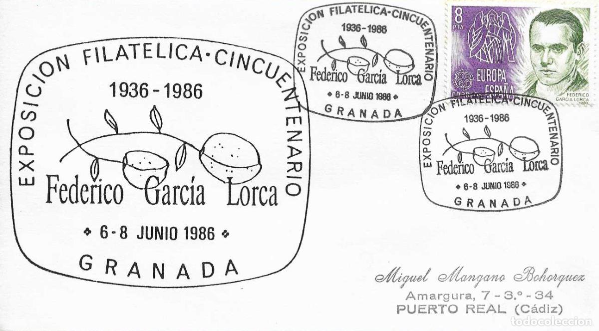 Sellos: FEDERICO GARCIA LORCA CINCUENTENARIO, GRANADA 1986. MATASELLOS EN RARO SOBRE ILUSTRADO