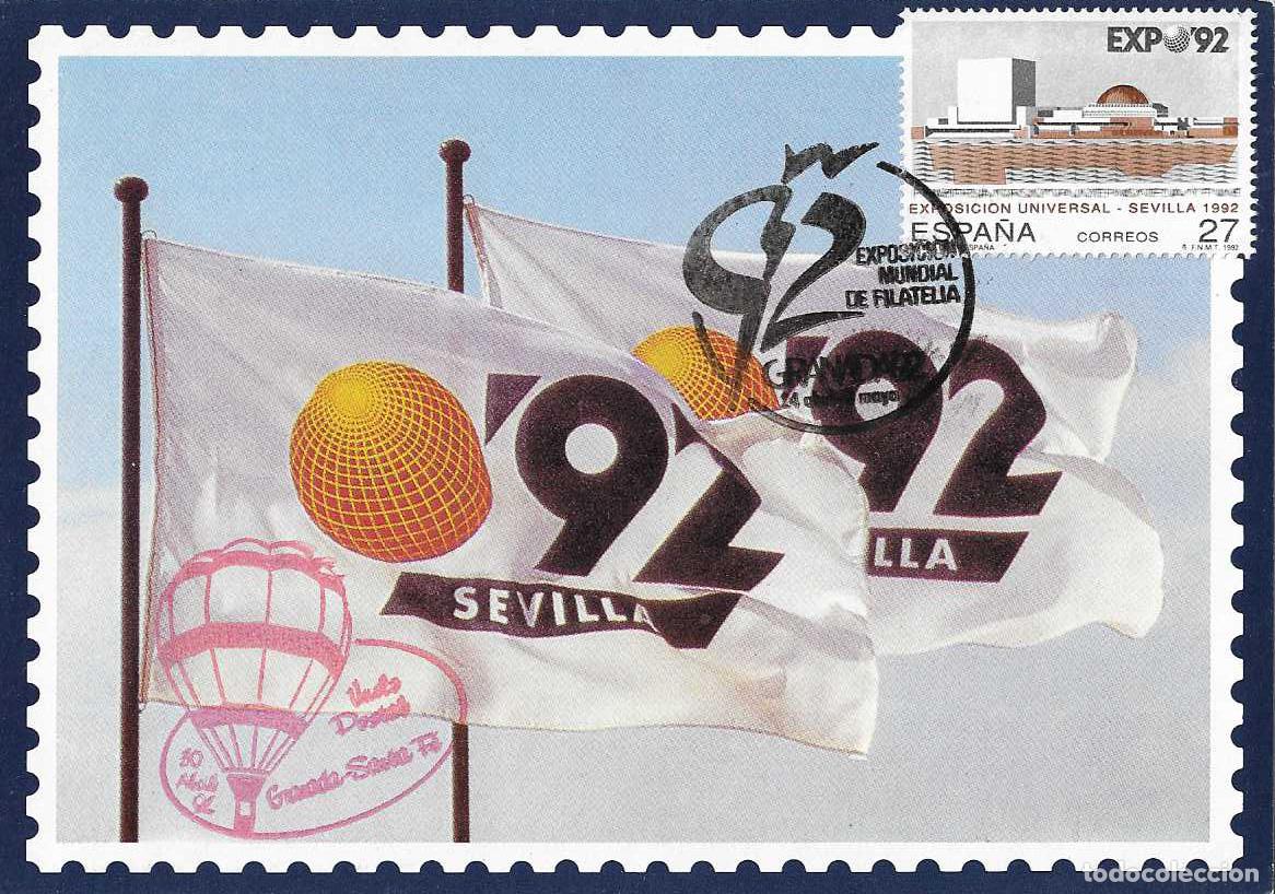 Sellos: RARO MARCA GLOBO VUELO DIRECTO GRANADA SEVILLA 30 ABRIL 1992 EN TARJETA EXPOSICION MUNDIAL FILATELIA