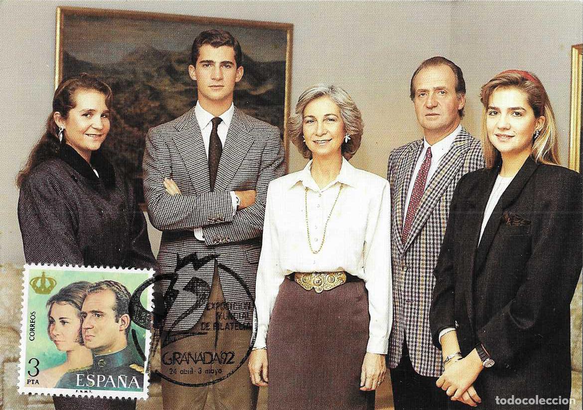 Sellos: GRANADA 92 EXPOSICION MUNDIAL FILATELIA, GRANADA 1992. MATASELLOS EN TARJETA FAMILIA REAL RARO VER