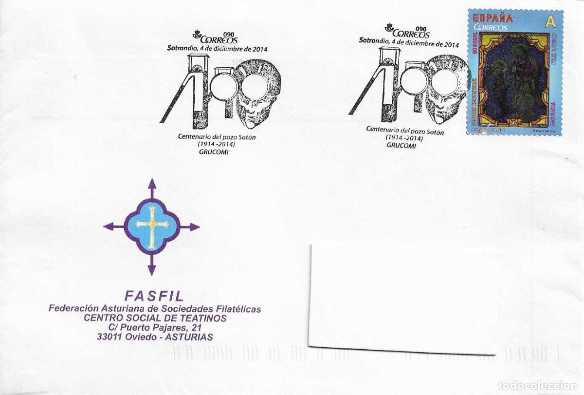 Sellos: MINERIA CENTENARIO DEL POZO SOTON 100 (1914-2014), SOTRONDIO (ASTURIAS) 2014. MATASELLOS RARO SOBRE