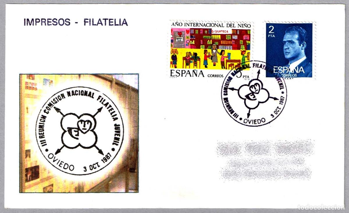 Sellos: Matasellos III REUNION COMISION NAC. FILATELIA JUVENIL. Oviedo, Asturias, 1987
