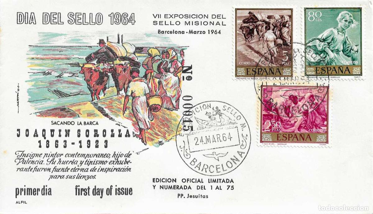 Sellos: MUY RARO PINTURA JOAQUIN SOROLLA 1964 (EDIFIL 1574-72-69) SPD SELLO MISIONAL BARCELONA 75 EJEMPLARES