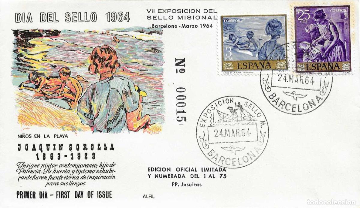 Sellos: MUY RARO PINTURA JOAQUIN SOROLLA 1964 (EDIFIL 1573-1566) SPD SELLO MISIONAL BARCELONA (75 EJEMPLARES