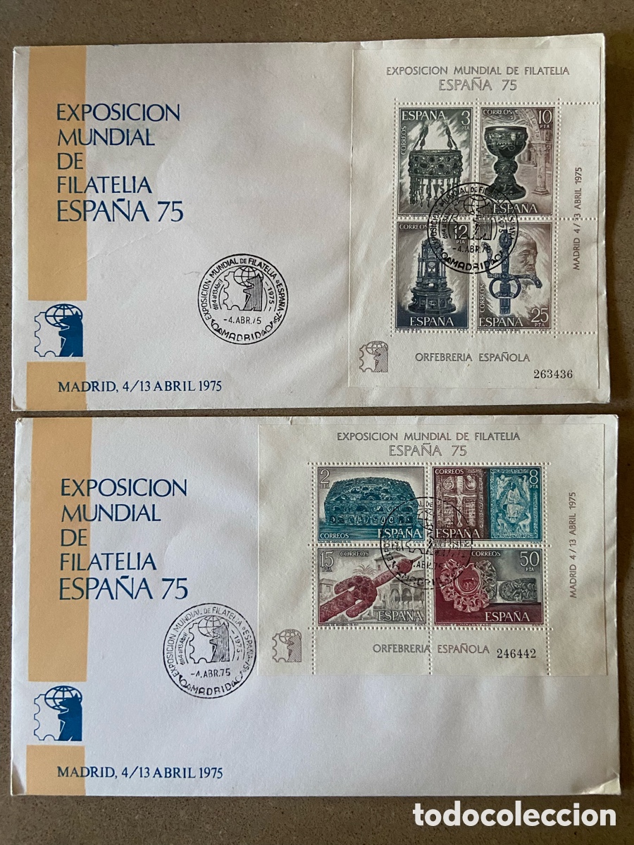Sellos: ESPA&Ntilde;A&acute;75. MATASELLOS ESPECIAL DE PRIMER DIA. HOJITAS BLOQUE EDIFIL 2252/2253
