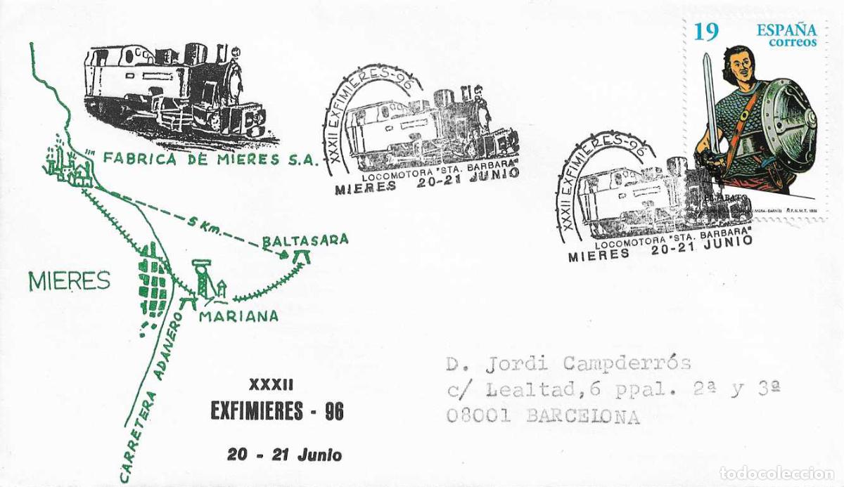 Sellos: TRENES LOCOMOTORA SANTA BARBARA EXFIMIERES, MIERES (ASTURIAS) 1996. MATASELLOS FERROCARRIL VER DORSO