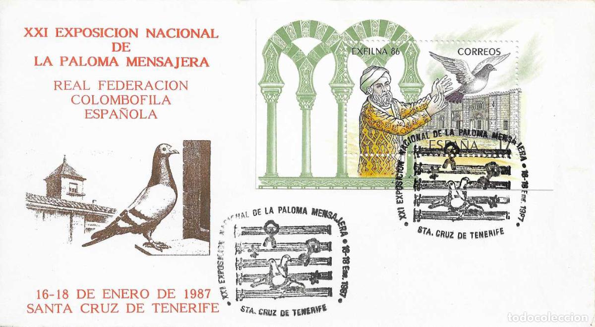 Sellos: PALOMA MENSAJERA EXPOSICION SANTA CRUZ DE TENERIFE CANARIAS 1987 MATASELLOS SOBRE ILUSTRADO MUY RARO