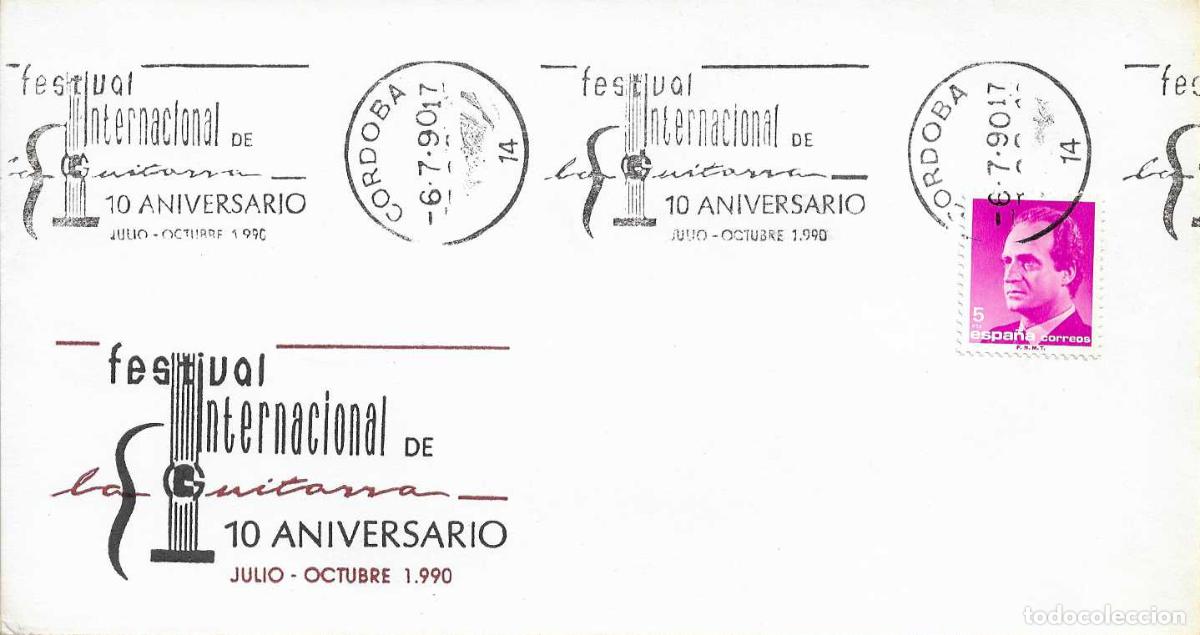 Sellos: MUSICA GUITARRA FESTIVAL INTERNACIONAL 10 ANIVERSARIO, CORDOBA 1990 MATASELLOS RODILLO EN RARO SOBRE