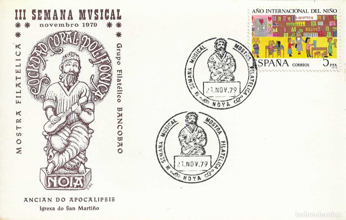 Sellos: MUSICA III SEMANA MUSICAL, NOYA (LA CORU&Ntilde;A) 21 NOVIEMBRE 1979 MATASELLOS TARJETA IGLESIA SAN MARTI&Ntilde;O
