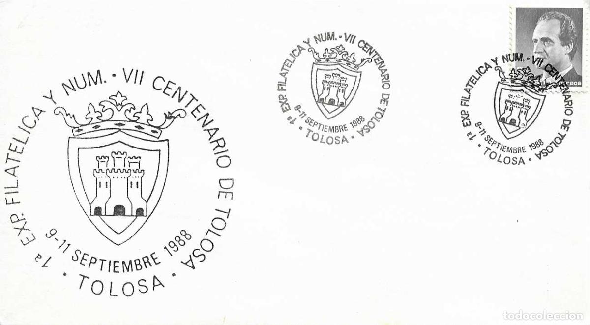 Sellos: VII CENTENARIO EXPOSICION FILATELICA, TOLOSA (GUIPUZCOA) 1988. MATASELLOS EN RARO SOBRE ILUSTRADO