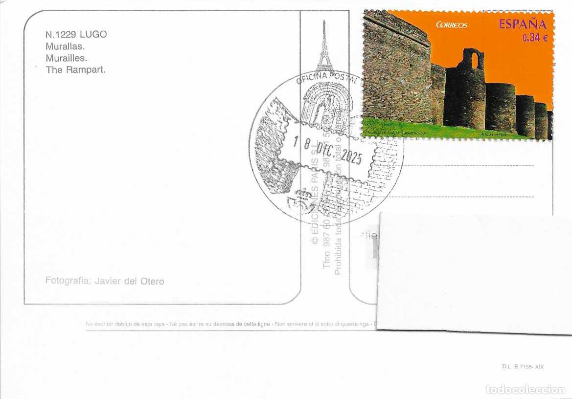 Sellos: MURALLA ROMANA DE LUGO TARJETA POSTAL CON MATASELLOS OFICINA POSTAL LUGO 18 DICIEMBRE 2025 RARO VER