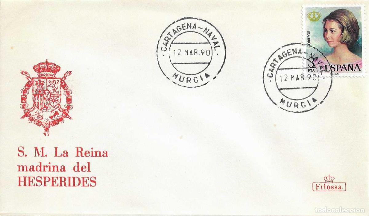 Sellos: MUY RARO SM LA REINA DO&Ntilde;A SOFIA MADRINA DEL HESPERIDES, CARTAGENA-NAVAL (MURCIA) 12 MARZO 1990 VER
