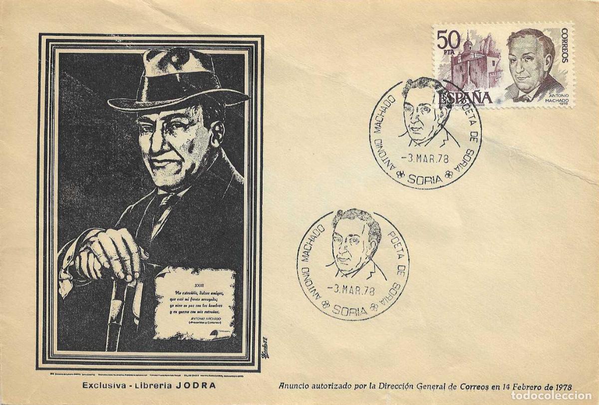 Sellos: ANTONIO MACHADO POETA DE SORIA, SORIA 1978. MATASELLOS EN RARO SOBRE ILUSTRADO VER FRANQUEO