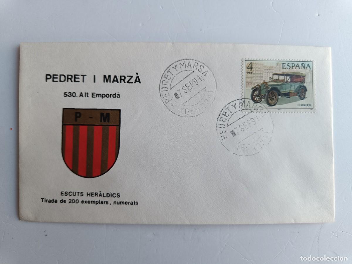 Sellos: MATASELLOS EN SOBRE ILUSTRADO CON ESCUDO DE LA POBLACI&Oacute;N DE PEDRED I MARZ&Agrave; - ALT EMPORD&Agrave; - GERONA