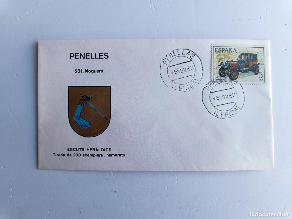 Sellos: MATASELLOS EN SOBRE ILUSTRADO CON ESCUDO DE LA POBLACI&Oacute;N DE PENELLES - NOGUERA - LERIDA