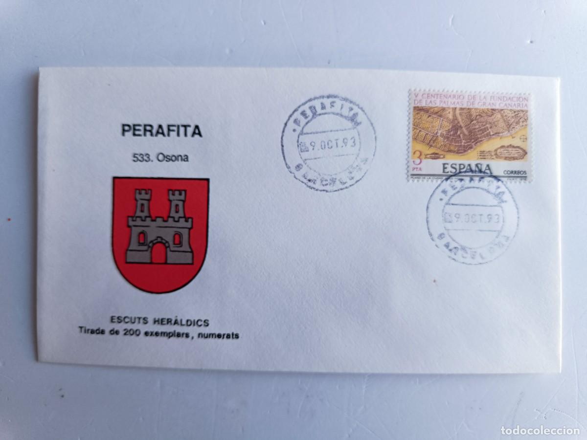 Sellos: MATASELLOS EN SOBRE ILUSTRADO CON ESCUDO DE LA POBLACI&Oacute;N DE LA PERAFITA - OSONA - BARCELONA