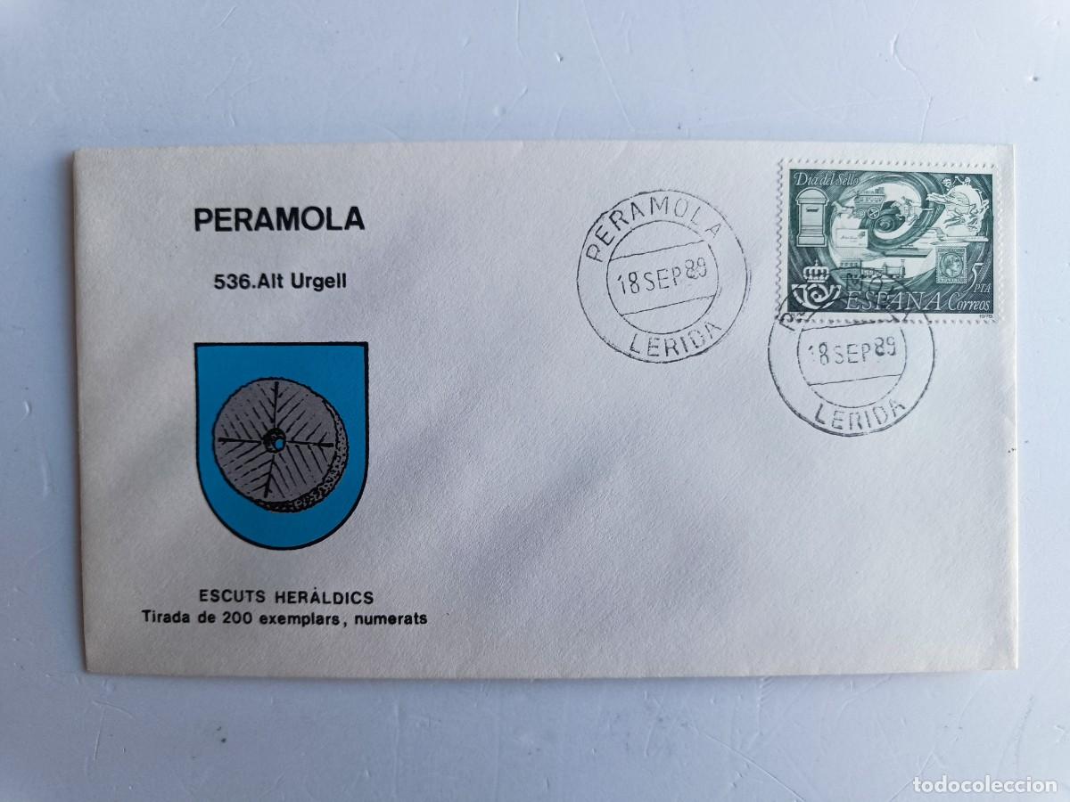 Sellos: MATASELLOS EN SOBRE ILUSTRADO CON ESCUDO DE LA POBLACI&Oacute;N DE LA PERAMOLA - ALT URGELL - LERIDA