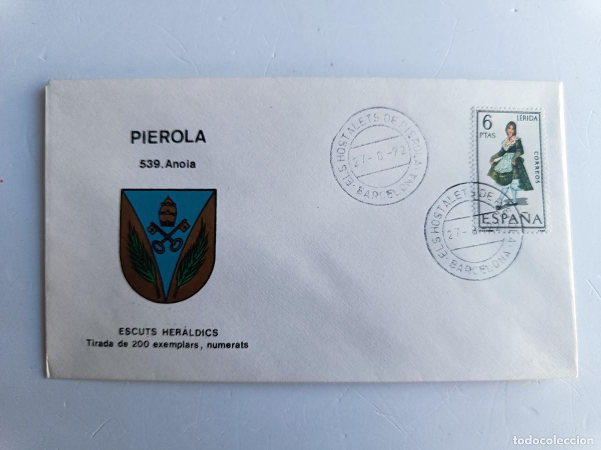 Sellos: MATASELLOS EN SOBRE ILUSTRADO CON ESCUDO DE LA POBLACI&Oacute;N DE PIEROLA - ANOIA - BARCELONA