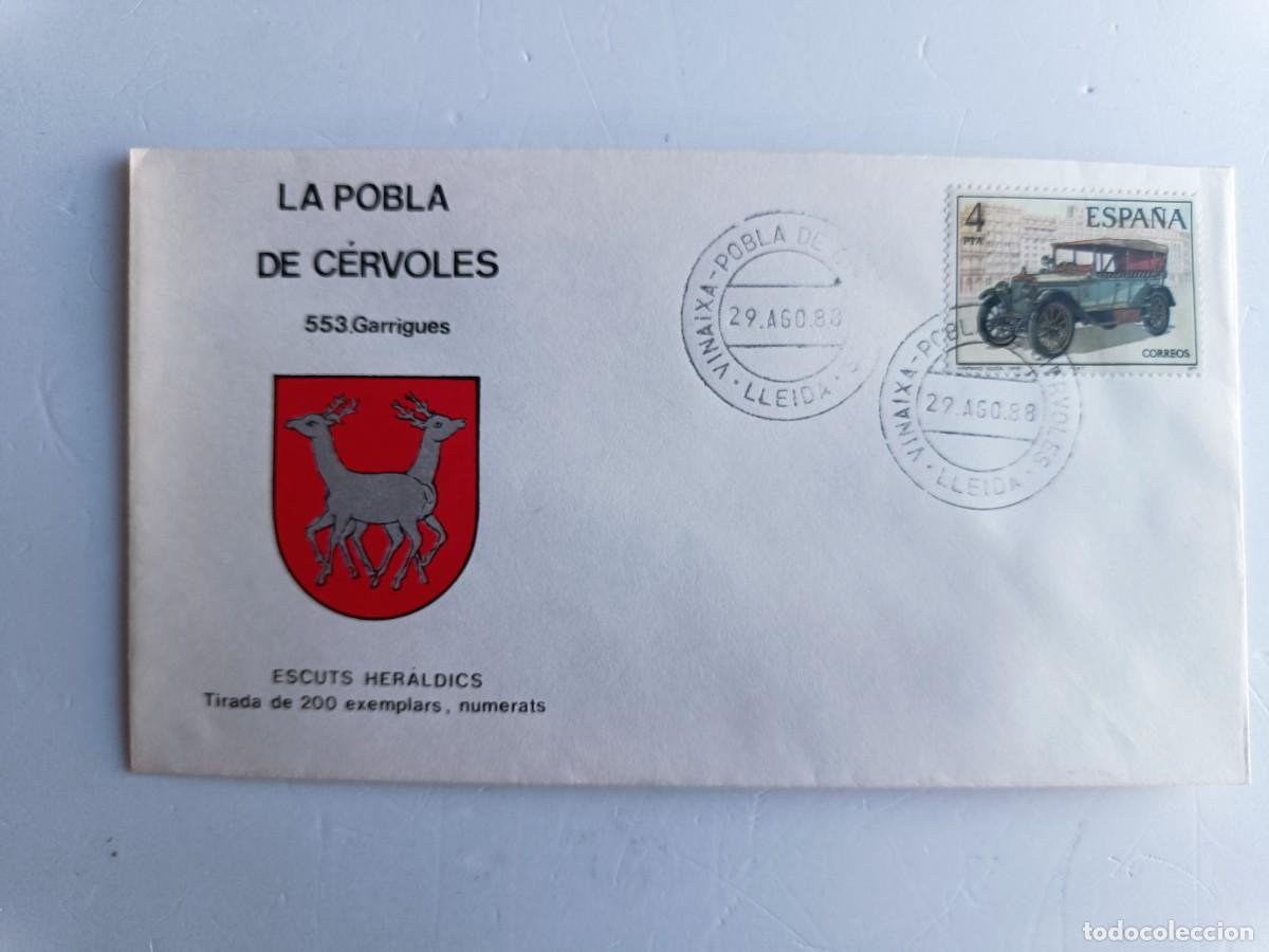 Sellos: MATASELLOS EN SOBRE ILUSTRADO CON ESCUDO DE LA POBLACI&Oacute;N DE LA POBLA DE C&Eacute;RVOLES - GARRIGUES - LERID