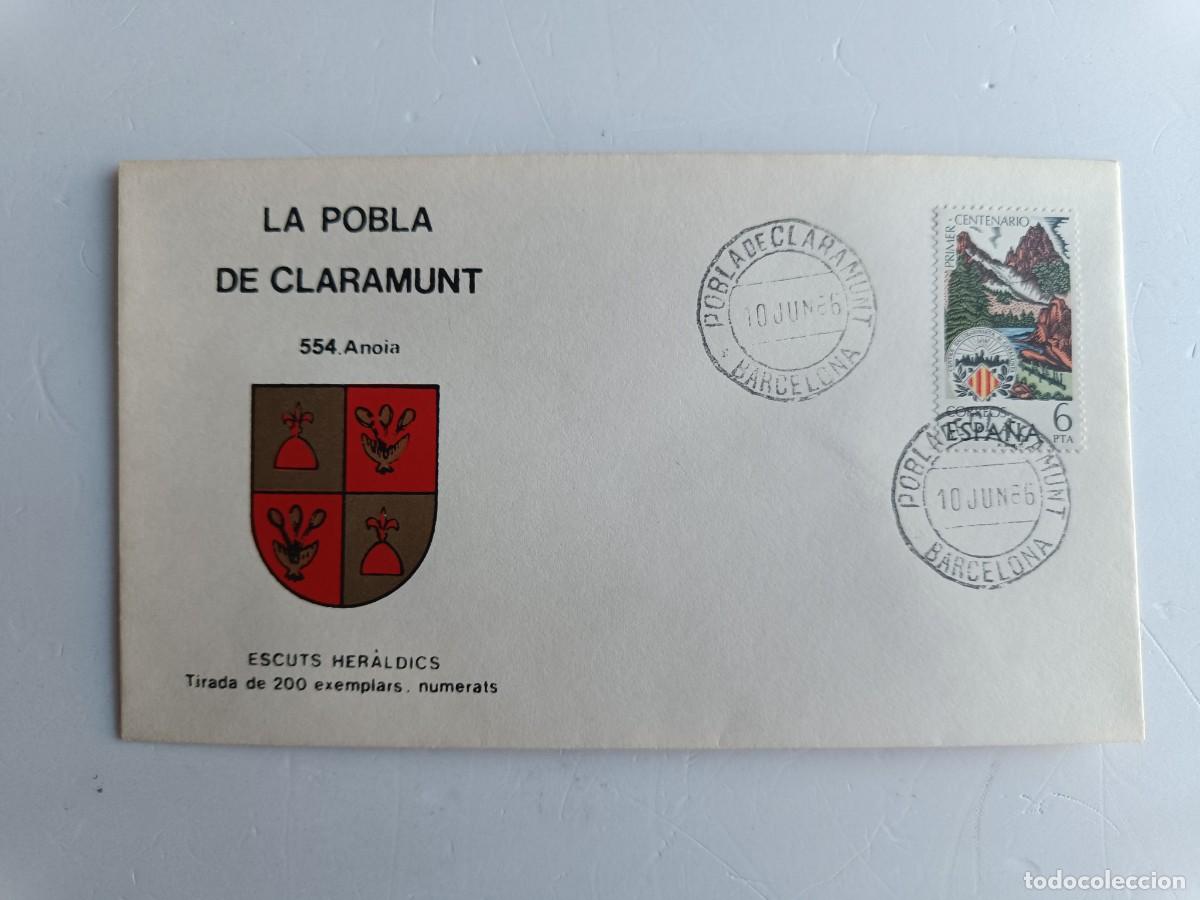 Sellos: MATASELLOS EN SOBRE ILUSTRADO CON ESCUDO DE LA POBLACI&Oacute;N DE LA POBLA DE CLARAMUNT - ANOIA - BARCELON