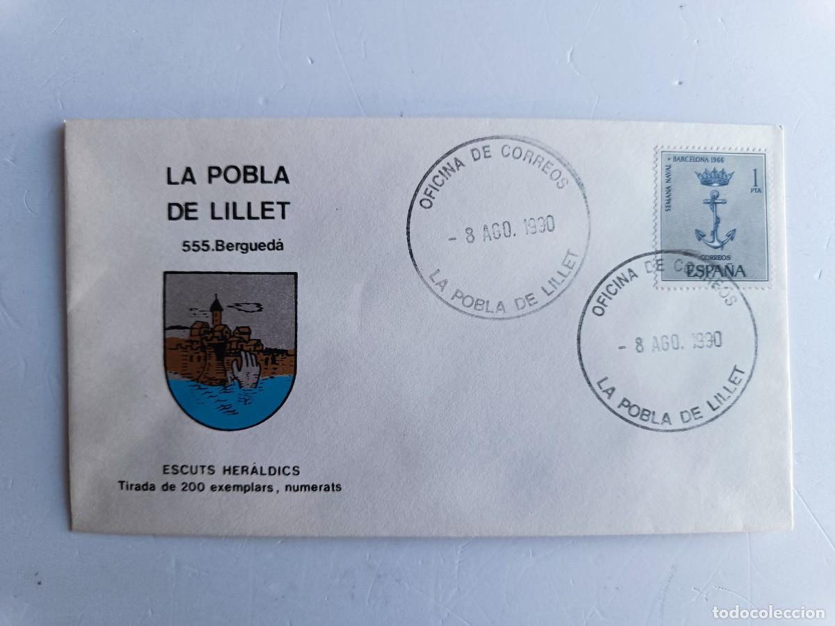 Sellos: MATASELLOS EN SOBRE ILUSTRADO CON ESCUDO DE LA POBLACI&Oacute;N DE LA POBLA DE LILLET- BERGUED&Agrave; -