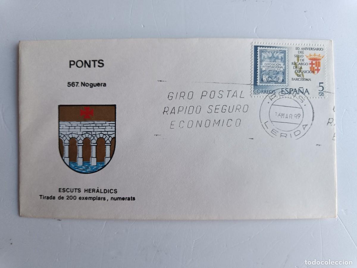 Sellos: MATASELLOS EN SOBRE ILUSTRADO CON ESCUDO DE LA POBLACI&Oacute;N DE PONTS - NOGUERA - LERIDA