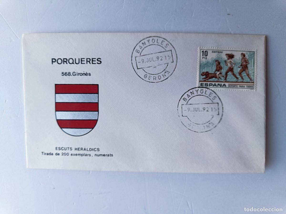 Sellos: MATASELLOS EN SOBRE ILUSTRADO CON ESCUDO DE LA POBLACI&Oacute;N DE PORQUERES - GIRONES - GERONA