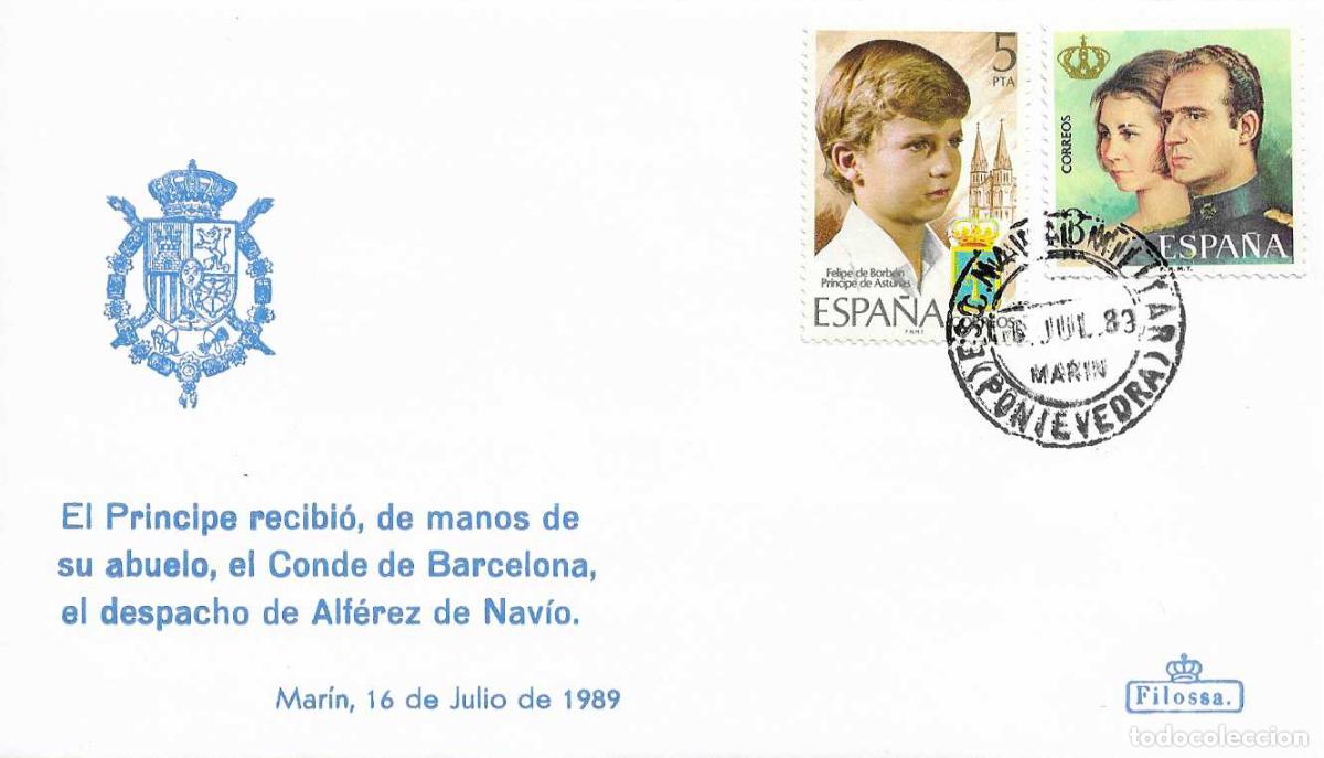 Sellos: RARO PRINCIPE ASTURIAS RECIBE D. JUAN BORBON DESPACHO ALFEREZ NAVIO MARIN (PONTEVEDRA) 16 JULIO 1989