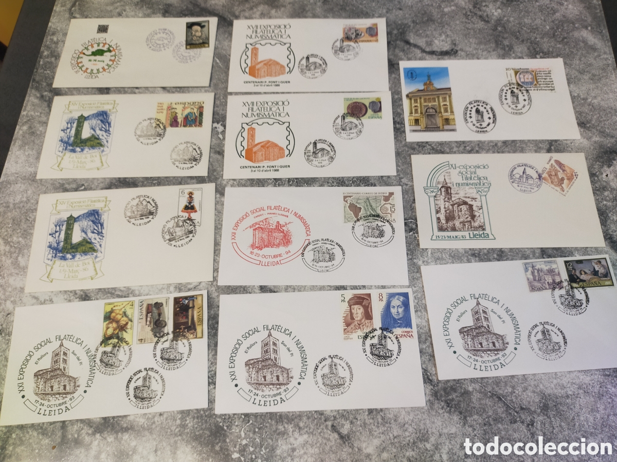 Sellos: 11sobres conmemorativos de exposiciones filat&eacute;licas y numism&aacute;ticas. Lleida