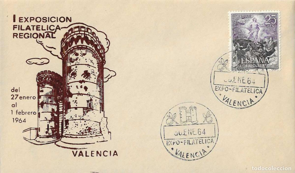 Sellos: NARANJA I EXPOSICION FILATELICA REGIONAL, VALENCIA 30 ENERO 1964. MATASELLOS EN SOBRE ILUSTRADO RARO