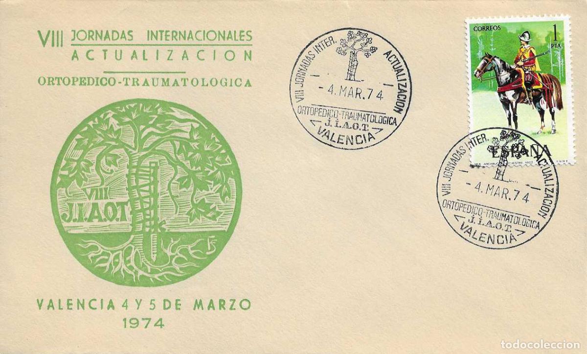 Sellos: MEDICINA VIII JORNADAS ORTOPEDICO-TRAUMATOLOGICAS, VALENCIA 1974. MATASELLOS EN RARO SOBRE VERDE