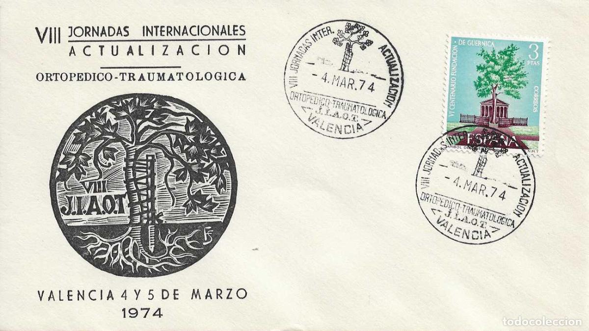 Sellos: MEDICINA VIII JORNADAS ORTOPEDICO-TRAUMATOLOGICAS, VALENCIA 1974. MATASELLOS EN RARO SOBRE NEGRO