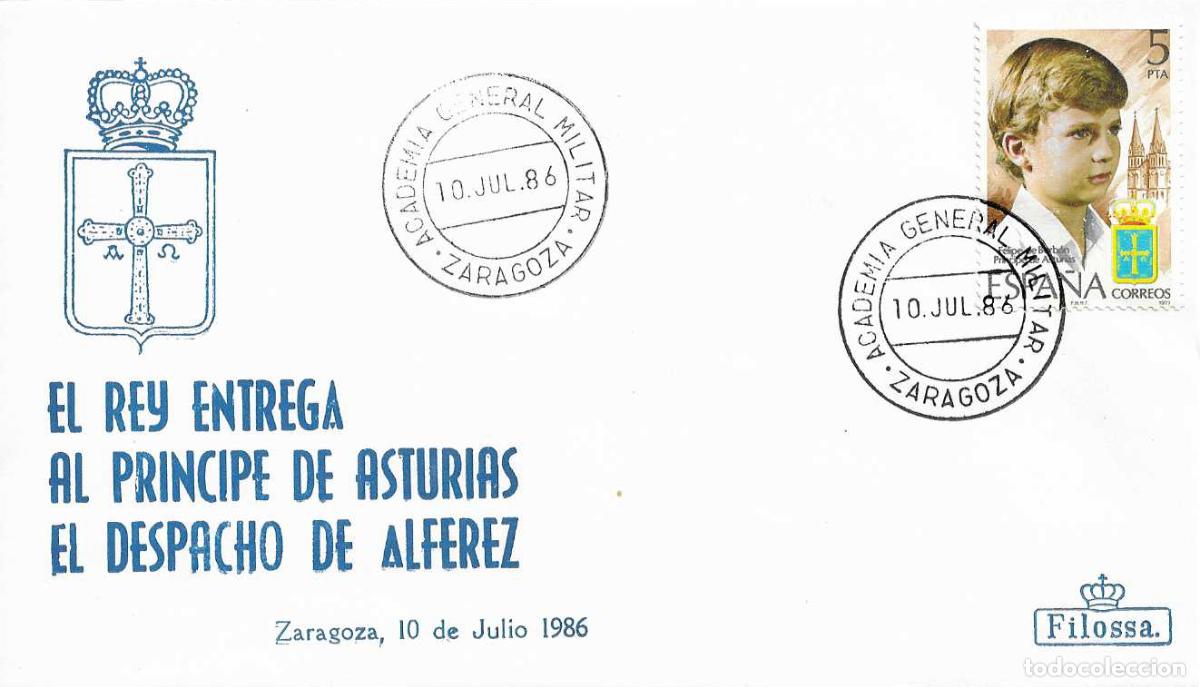 Sellos: RARO REY ENTREGA PRINCIPE ASTURIAS DESPACHO ALFEREZ ACADEMIA GENERAL MILITAR ZARAGOZA 10 JULIO 1986