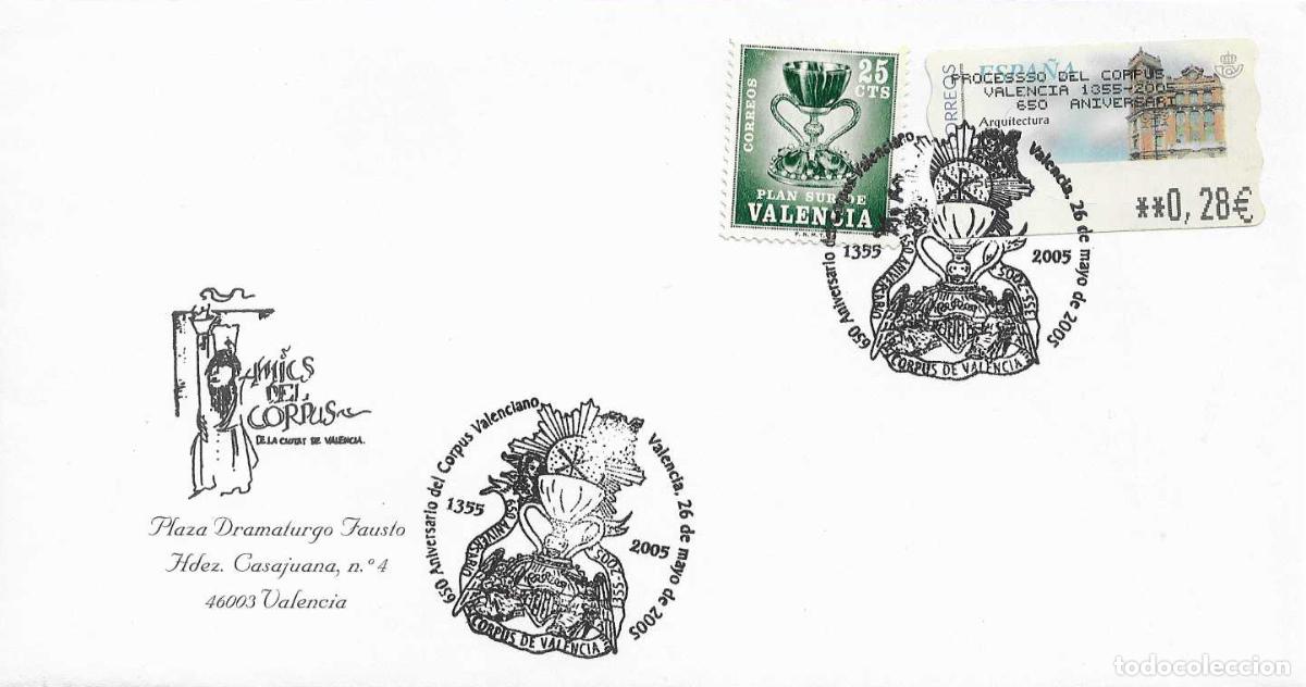 Sellos: CORPUS VALENCIANO 650 ANIVERSARIO, VALENCIA 2005. MATASELLOS SOBRE ILUSTRADO RARO FRANQUEO RELIGION