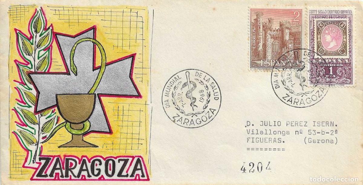 Sellos: MUY RARO ILUSTRACION MANUAL SOBRE CON MATASELLOS MEDICINA DIA MUNDIAL DE LA SALUD ZARAGOZA 1968 VER