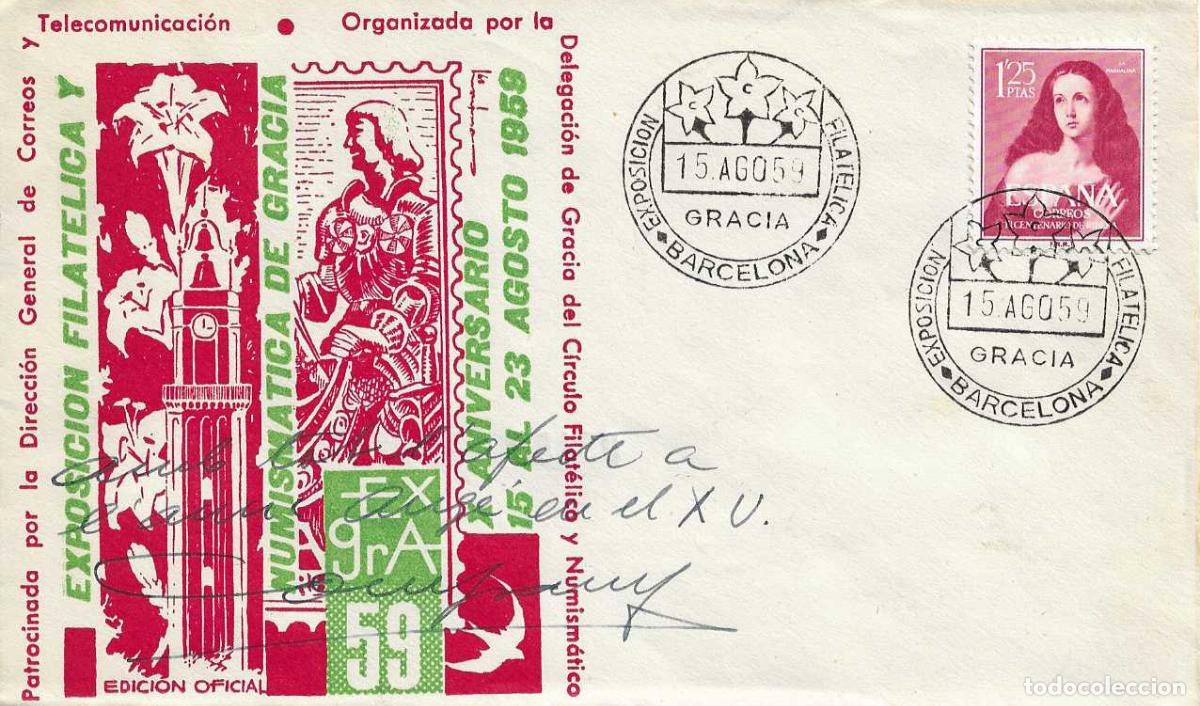 Sellos: MUY RARO (100 EJEMPLARES) GRACIA X EXPOSICION, BARCELONA 15 AGOSTO 1959. MATASELLOS EN SOBRE FIRMADO
