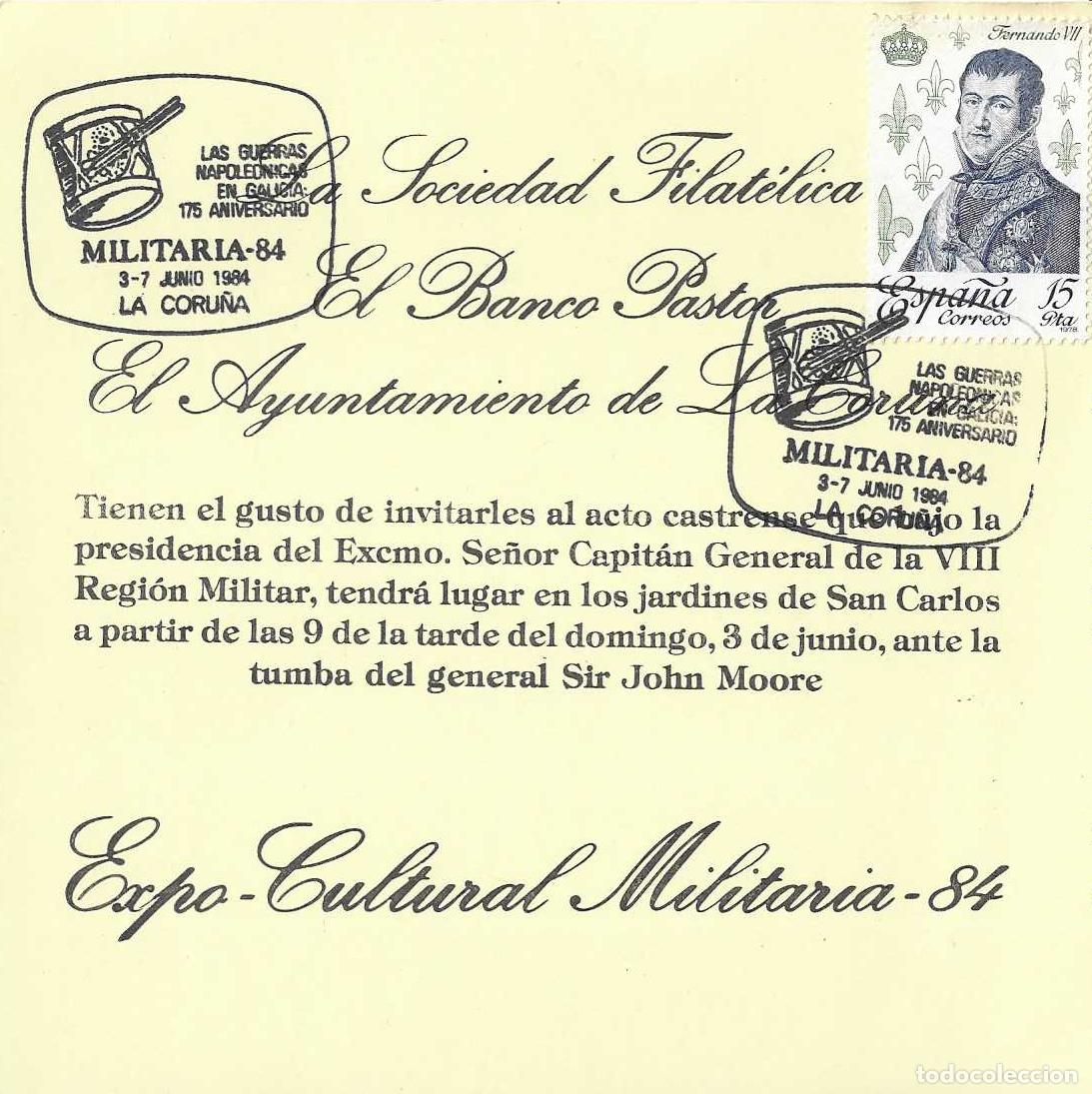 Sellos: MILITARIA 84 GUERRAS NAPOLEONICAS 175 ANIVERSARIO, LA CORU&Ntilde;A 1984. MATASELLOS INVITACION MOD 2 RARO