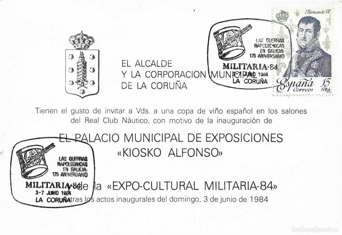 Sellos: MILITARIA 84 GUERRAS NAPOLEONICAS 175 ANIVERSARIO, LA CORU&Ntilde;A 1984. MATASELLOS INVITACION MOD 1 RARO