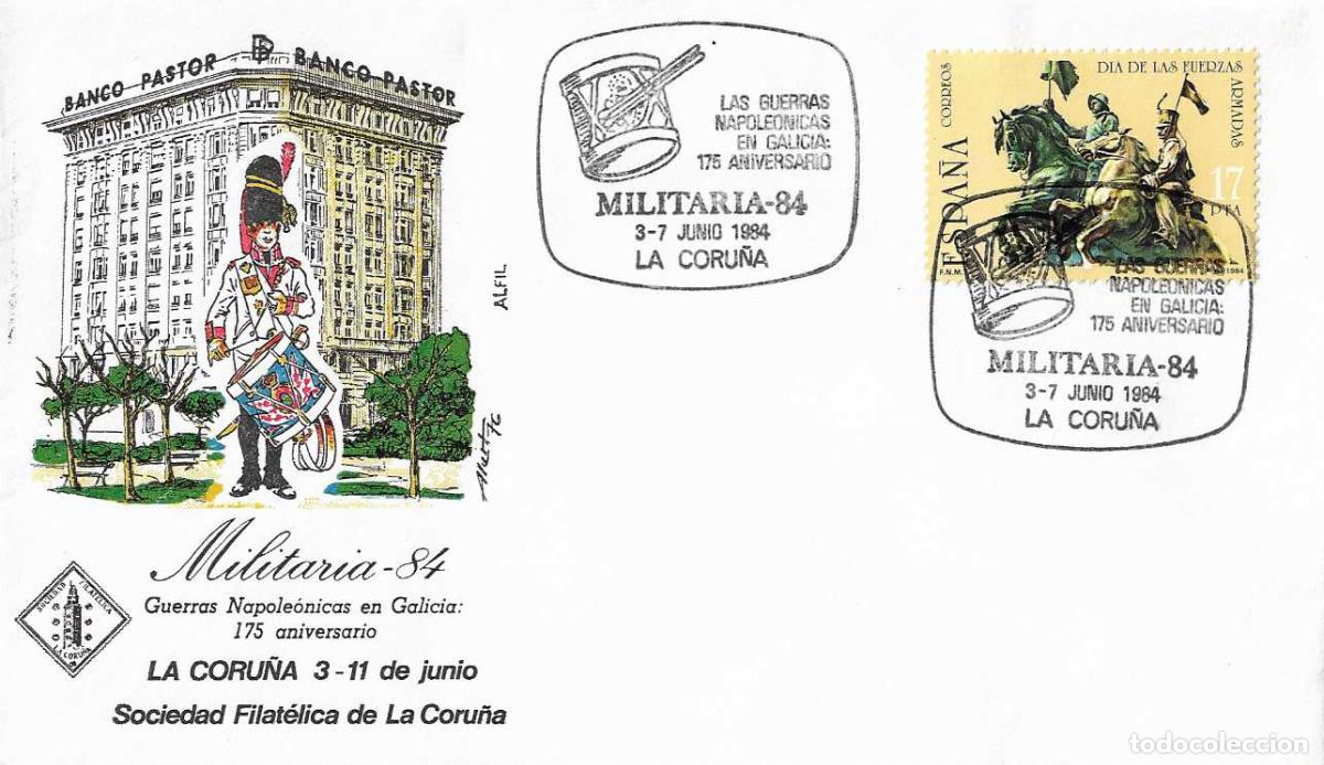 Sellos: MILITARIA 84 GUERRAS NAPOLEONICAS 175 ANIVERSARIO, LA CORU&Ntilde;A 1984 MATASELLOS EN SOBRE DE ALFIL MOD 2